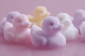 Pastel colored toy ducks on pink background create playful scene