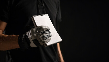 Person in black shirt holds notepad and pen, wearing a protective glove, against a dark background.