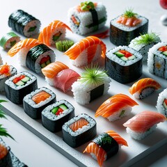 sushi on a plate food roll japan cuisine gourmet healthy meal fresh lunch dinner restaurant fish salmon seafood shrimp rise pattern design white background close-up