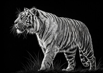 Obraz premium depicts a tiger standing in a grassy area, with a dark background. The tiger's stripes are clearly visible, and it appears to be looking to the side