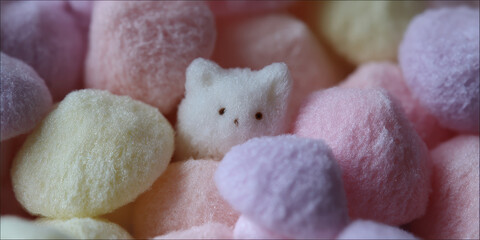 Cute, fluffy toy cat peeks out from pastel colored marshmallows