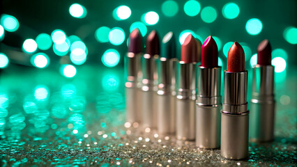 Glamorous lipsticks lined up under sparkling teal bokeh lights, creating a luxurious beauty aesthetic