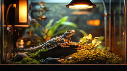
A Baby Iguana Resting on a Small Branch Inside a Glass Terrarium
유리 테라리움 안 작은 가지에 앉아 쉬고 있는 아기 이구아나