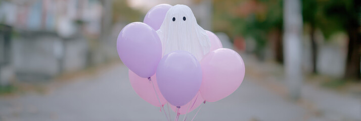 Playful pastel ghost with balloons on street