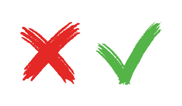 grunge hand drawn with brush strokes cross x and tick OK check marks. red cross and green check mark isolated on white background.