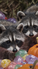 Playful raccoons surrounded by colorful candy and pumpkins