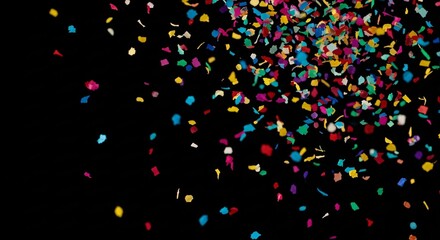 Celebrate success with dynamic confetti burst on black background for vibrant party promotions and event announcements
