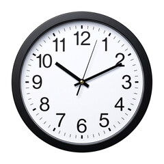 Minimalist wall clock with black frame and white face, isolated on a transparent background
