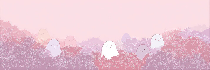 Cute pastel ghosts smiling in pink forest setting