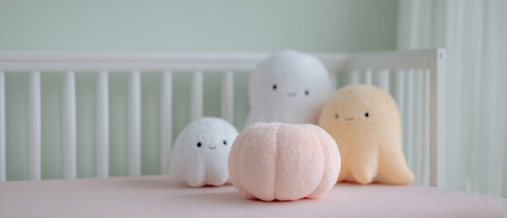 Adorable plush toys in pastel nursery setting with crib