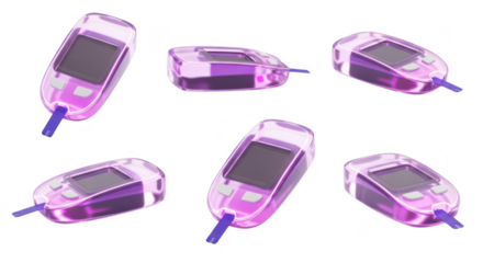 Multiple angles of a glucose monitor showing testing actions set against a blank bright white background for healthcare and medical applications