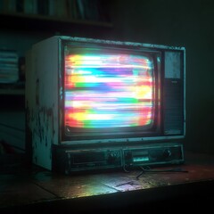 Obraz premium Nostalgic analogue television display glitching with vibrant retro colors on a rustic table