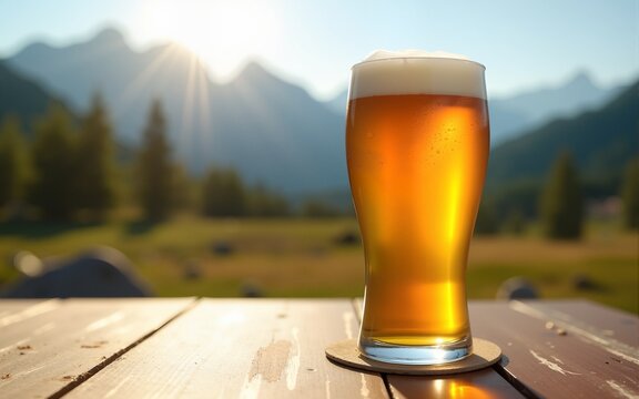 Glass of beer on wooden table with mountain landscape background, International Beer Day. High quality