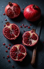 Close-up of pomegranate halves showcasing vibrant red seeds.