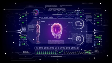 3D human body and brain scan with HUD interface, X-ray anatomy and hologram technology. Futuristic medical diagnostics concept, showcasing digital health and advanced biomedical innovation. - Powered by Adobe