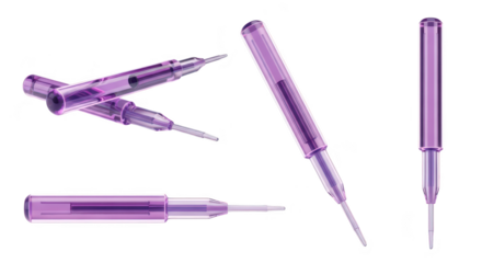 Close-up of purple transparent ink pen refills on white background used for writing and creative applications
