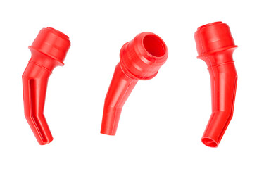 Red plastic funnel isolated on white background.