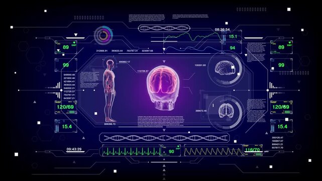 3D human body and brain scan with HUD interface, X-ray anatomy and hologram technology. Futuristic medical diagnostics concept, showcasing digital health and advanced biomedical innovation.
