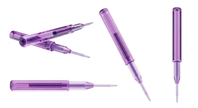 Close-up of purple transparent ink pen refills on white background used for writing and creative applications
