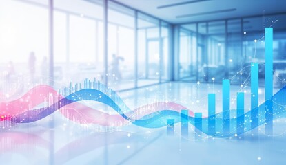 Modern office interior with overlaid colorful data graphs and bar charts