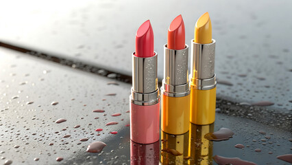 Vibrant lipsticks shimmer with dew drops, highlighting luxurious beauty and captivating color