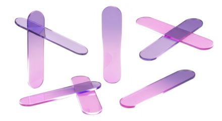 3D rendering of several transparent pink-purple nail files displayed on a white background for beauty manicures or cosmetic illustrations