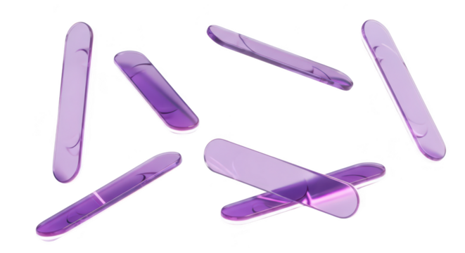 Several floating purple glass rectangles on white casting shadows for abstract design background texture or digital art applications