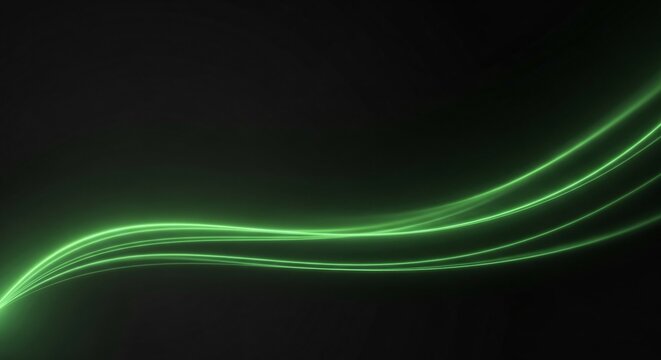 Elegant green light trails flow across a dark background, perfect for modern tech or energy concepts