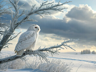 Fototapeta premium Snowy Owl on Tree Branch at Dusk