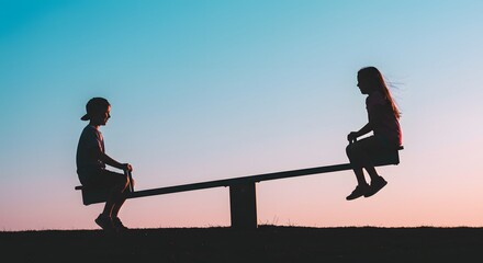 Two children on a seesaw, silhouetted against a serene setting