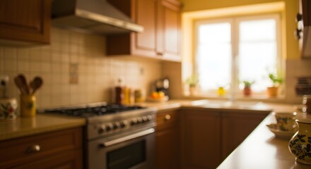 Blurry sunlit kitchen interior