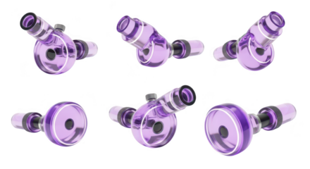 Purple scientific equipment arranged against a white background highlighting different angles for medical research or educational purposes