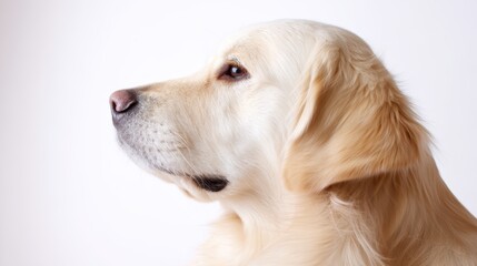 Golden retriever sitting calmly on a white background, side profile highlighting soft fur details under even studio lighting.