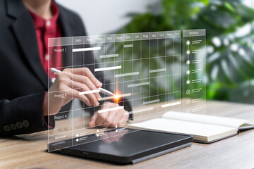 Milestone Progress Planning Project Timeline Concept, Businesswomen Planning Milestones,Tracking Progress, Project Management Timeline, Gantt Chart,Calendar, Strategic Planning, Workflow,Task Progress