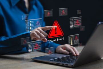 System Error Warning on Laptop Screen, Woman Touching Virtual Alert Icon, Cybersecurity Failure, Computer System Crash, Technology Risk and IT Problem Digital Interface, Hacker data, Scam Email, Theft