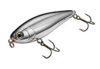 Shiny silver fishing lure with hooks isolated on transparent background