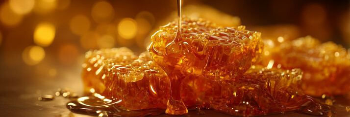 A delicious honeycomb with golden honey, showcasing a rich texture with sticky and glossy details, honey dripping slowly from the comb, set against a golden background with soft glowing highlights.