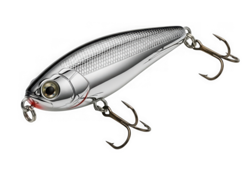 Shiny silver fishing lure with hooks isolated on transparent background