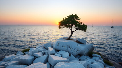 Sunrise over a serene white rock shore.  A lone tree stands sentinel over the tranquil waters