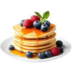 Delicious Stack of Pancakes with Syrup and Raspberries - Top View