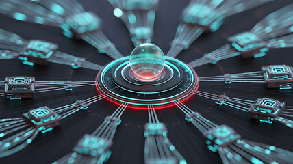 A central glowing orb distributing data through a futuristic, interconnected network.