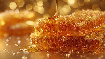 A delicious honeycomb with golden honey, showcasing a rich texture with sticky and glossy details, honey dripping slowly from the comb, set against a golden background with soft glowing highlights.