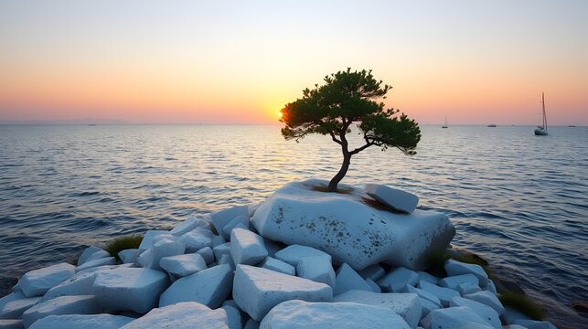 Sunrise over a serene white rock shore.  A lone tree stands sentinel over the tranquil waters