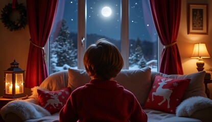 Child gazing out a window at a snowy night with a full moon, cozy interior with festive decorations