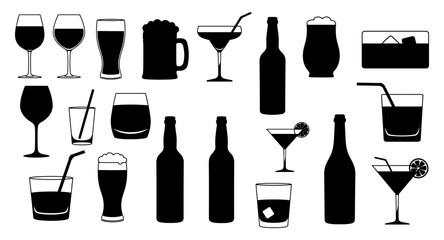 Silhouette collection of various beverage glasses and bottles