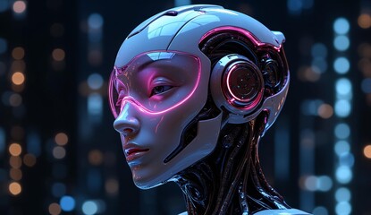 Cybernetic Human with Futuristic Helmet and Neon Lights