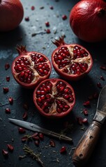 Close-up of pomegranate halves showcasing vibrant red seeds.