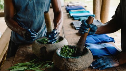 Artisans grinding leaves to make natural dye for fabric in a workshop