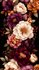 Elegant Digital Floral Bouquet with Deep Purple, Peach, and Cream Flowers on Black Background