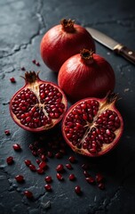 Close-up of pomegranate halves showcasing vibrant red seeds.